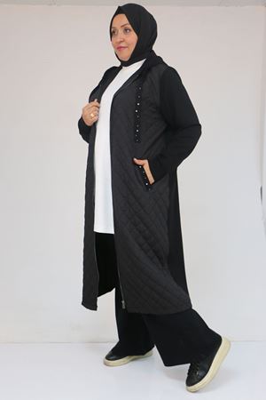 53041 Büyük Beden Modal - Kapitone Kombinli Kap - Siyah