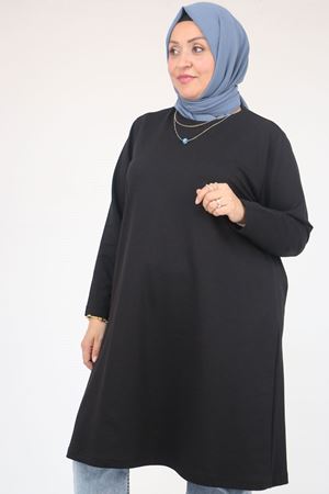 58154 Büyük Beden Yakası Biyeli İki İplik Tunik - Siyah