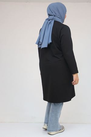 58154 Büyük Beden Yakası Biyeli İki İplik Tunik - Siyah