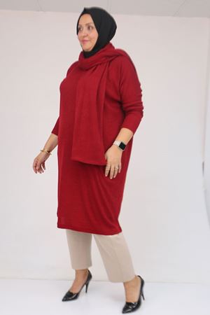 58158 Büyük Beden Atkı Modelli Mir Tunik - Bordo