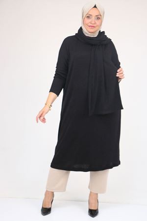 58158 Büyük Beden Atkı Modelli Mir Tunik - Siyah