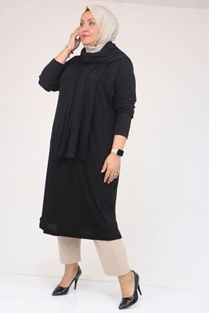 58158 Büyük Beden Atkı Modelli Mir Tunik - Siyah