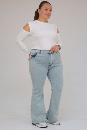 9204-1 Büyük Beden Kemerli Taş Detaylı Kot Pantolon - Kar Yıkama Buz Mavi