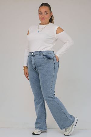 9204-1 Büyük Beden Kemerli Taş Detaylı Kot Pantolon - Kar Yıkama Mavi