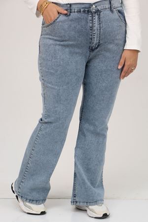 9204-1 Büyük Beden Kemerli Taş Detaylı Kot Pantolon - Kar Yıkama Mavi