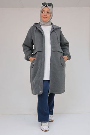 43076 Büyük Beden Cepli Kapşonlu Üç İplik Kap - Antrasit