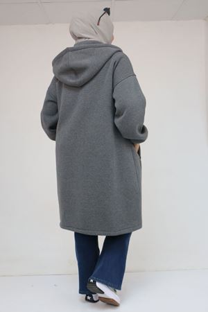 43076 Büyük Beden Cepli Kapşonlu Üç İplik Kap - Antrasit