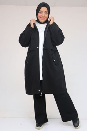 43076 Büyük Beden Cepli Kapşonlu Üç İplik Kap - Siyah