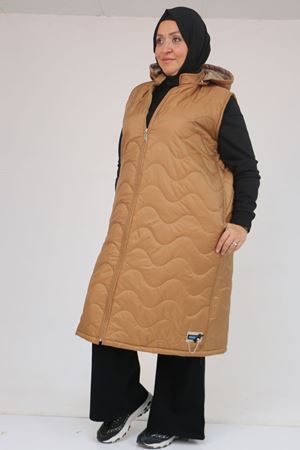 44004 Büyük Beden Cepli Fermuarlı Kapitone Yelek - Taba