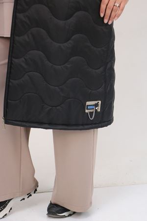 44004 Büyük Beden Cepli Fermuarlı Kapitone Yelek - Siyah