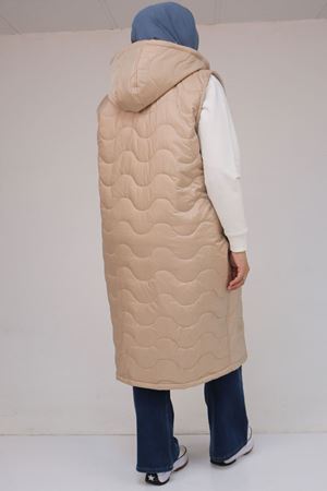 44004 Büyük Beden Cepli Fermuarlı Kapitone Yelek - Bej