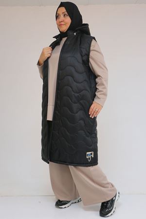44004 Büyük Beden Cepli Fermuarlı Kapitone Yelek - Siyah