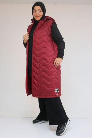 44004 Büyük Beden Cepli Fermuarlı Kapitone Yelek - Bordo