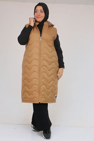 44004 Büyük Beden Cepli Fermuarlı Kapitone Yelek - Taba