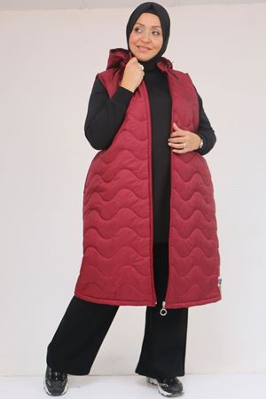 44004 Büyük Beden Cepli Fermuarlı Kapitone Yelek - Bordo