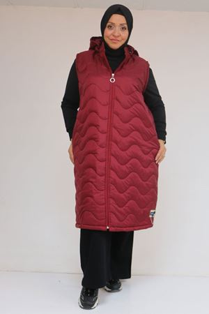 44004 Büyük Beden Cepli Fermuarlı Kapitone Yelek - Bordo