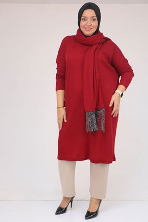 58158-1 Büyük Beden  Atkısı Püsküllü  Mir Tunik - Bordo