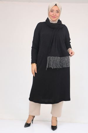 58158-1 Büyük Beden  Atkısı Püsküllü  Mir Tunik - Siyah