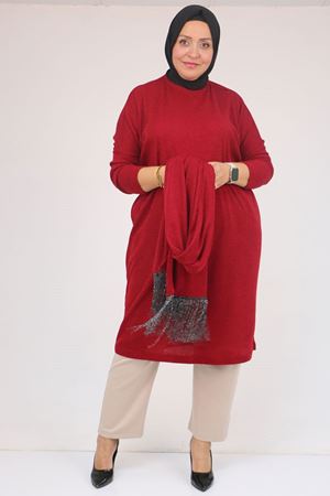 58158-1 Büyük Beden  Atkısı Püsküllü  Mir Tunik - Bordo