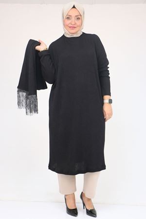 58158-1 Büyük Beden  Atkısı Püsküllü  Mir Tunik - Siyah