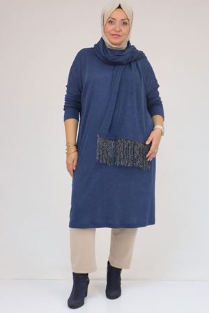 58158-1 Büyük Beden  Atkısı Püsküllü  Mir Tunik - İndigo