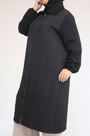 53042 Büyük Beden Kolları Lastikli Modal-Kapitone Kap -Siyah