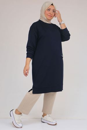 58160 - Büyük Beden İncili Bros Detaylı Modal Tunik - Lacivert