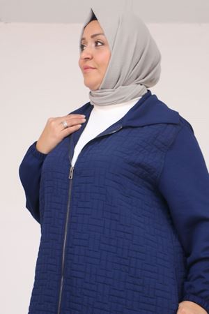 53042 Büyük Beden Kolları Lastikli Modal-Kapitone Kap - İndigo