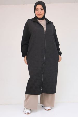 53042 Büyük Beden Kolları Lastikli Modal-Kapitone Kap -Siyah