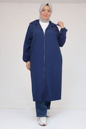 53042 Büyük Beden Kolları Lastikli Modal-Kapitone Kap - İndigo