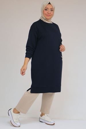 58160 - Büyük Beden İncili Bros Detaylı Modal Tunik - Lacivert
