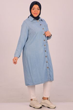 D-38138 Büyük Beden Taş Baskılı Kot Gömlek - Buz Mavi