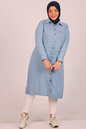 D-38138 Büyük Beden Taş Baskılı Kot Gömlek - Buz Mavi