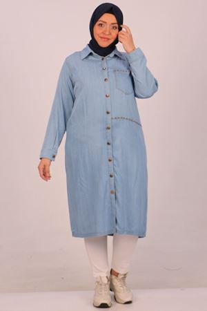 D-38138 Büyük Beden Taş Baskılı Kot Gömlek - Buz Mavi