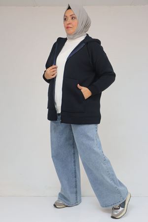 43069 Büyük Beden Eteği Ribanalı Üç İplik Ceket - Lacivert