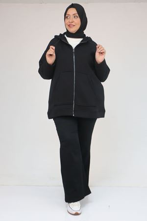 43069 Büyük Beden Eteği Ribanalı Üç İplik Ceket - Siyah