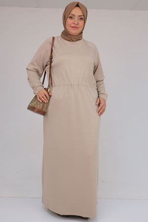 42032 Büyük Beden Beli Lastikli Modal Elbise - Bej