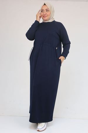 42032 Büyük Beden Beli Lastikli Modal Elbise - Lacivert
