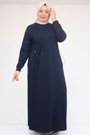 42032 Büyük Beden Beli Lastikli Modal Elbise - Lacivert