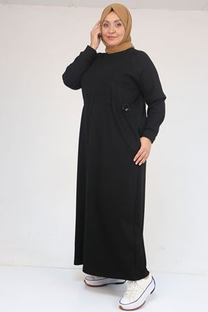 42032 Büyük Beden Beli Lastikli Modal Elbise - Siyah