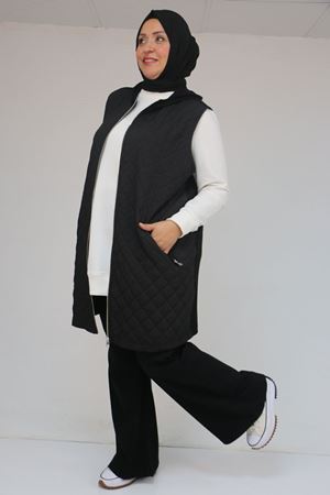 54011 Büyük Beden Cepleri Fermuarlı Modal - Kapitone Yelek - Siyah