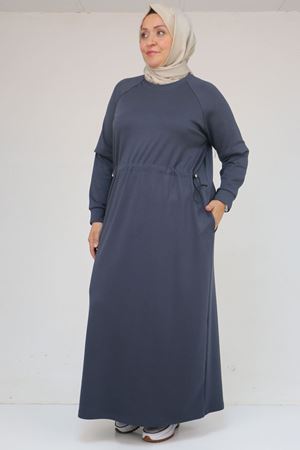 42032 Büyük Beden Beli Lastikli Modal Elbise - Antrasit
