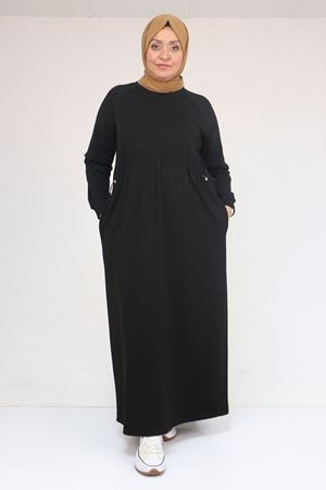 42032 Büyük Beden Beli Lastikli Modal Elbise - Siyah