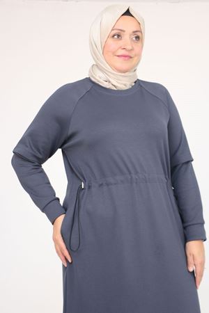 42032 Büyük Beden Beli Lastikli Modal Elbise - Antrasit