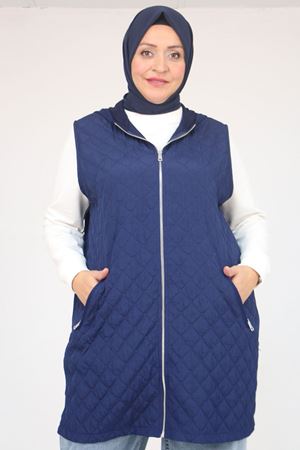 54011 Büyük Beden Cepleri Fermuarlı Modal - Kapitone Yelek - İndigo