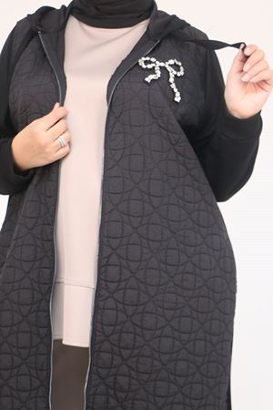 53045 Büyük Beden Kolları Lastikli Modal-Kapitone Kap - Siyah