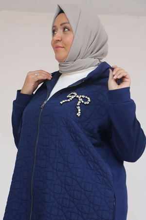 53045 Büyük Beden Kolları Lastikli Modal-Kapitone Kap - Lacivert