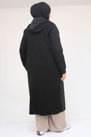 53045 Büyük Beden Kolları Lastikli Modal-Kapitone Kap - Siyah