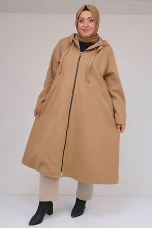 53046 Büyük Beden Kapşonlu İp Kordonlu Kaşe Kaban - Vizon