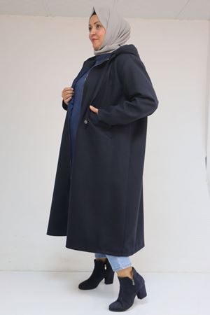 53046 Büyük Beden Kapşonlu İp Kordonlu Kaşe Kaban - Lacivert